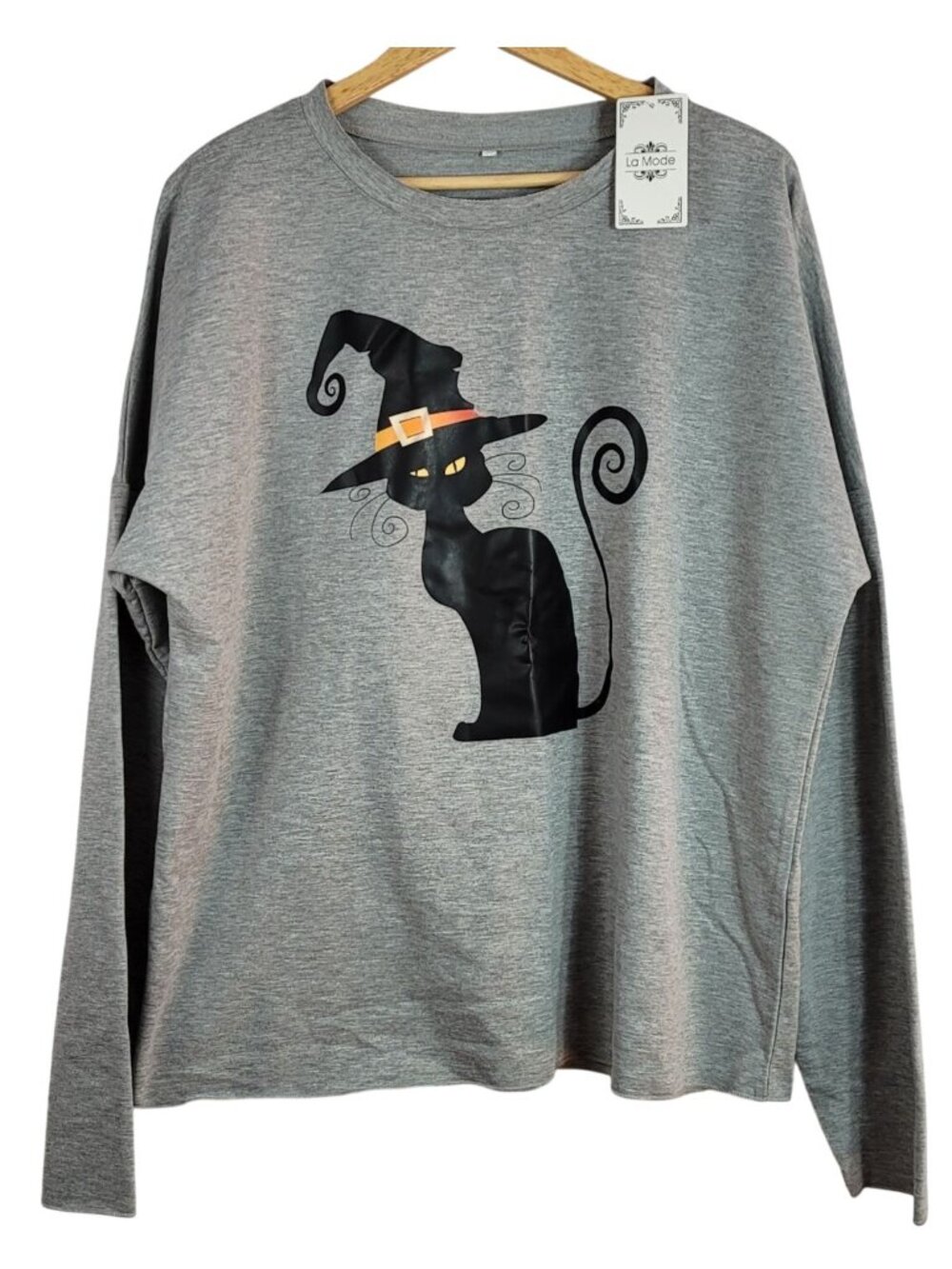 La Mode Women Halloween Top Gray XL Long Sleeve Pullover Black Cat Witch Hat NEW